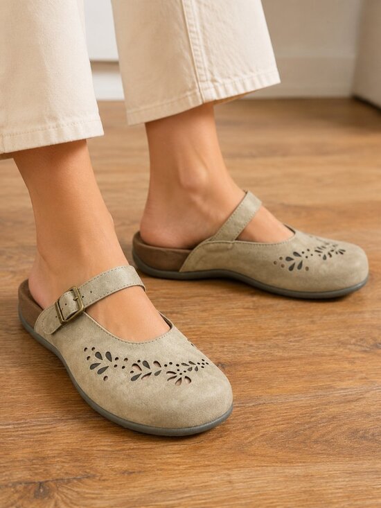 Vionic Shoes - Vionic Rest Midway Mary Jane Mules Taupe Laser Cut Floral Orthotic Shoes Size8